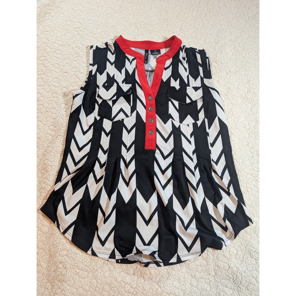 New Directions Petite Womens Sleeveless Blouse Black White Chevron Red Trim PS